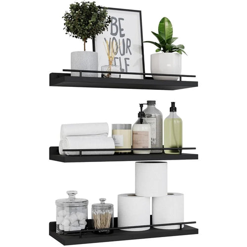 3Pcs / Set Floating Shelves with Metal Rail Bathroom Wall Mounted Wood Storage Rack - Black - 1