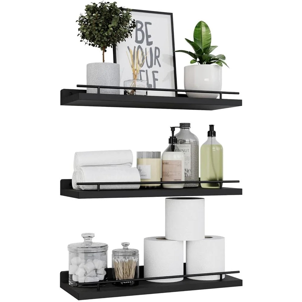 3Pcs / Set Floating Shelves with Metal Rail Bathroom Wall Mounted Wood Storage Rack - Black - 1