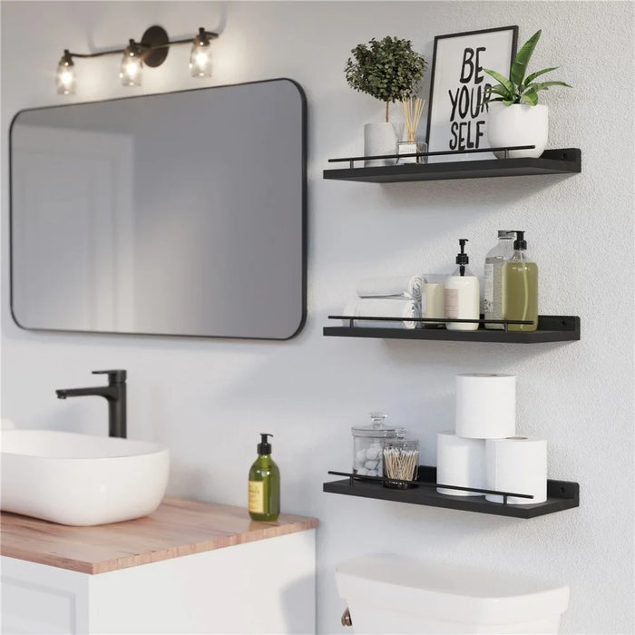 3Pcs / Set Floating Shelves with Metal Rail Bathroom Wall Mounted Wood Storage Rack - Black - 2