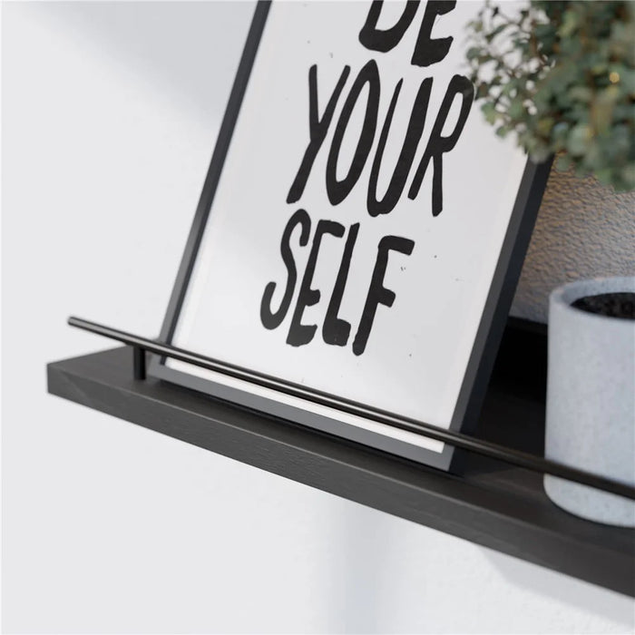 3Pcs / Set Floating Shelves with Metal Rail Bathroom Wall Mounted Wood Storage Rack - Black - 3