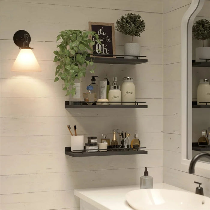 3Pcs / Set Floating Shelves with Metal Rail Bathroom Wall Mounted Wood Storage Rack - Black - 4