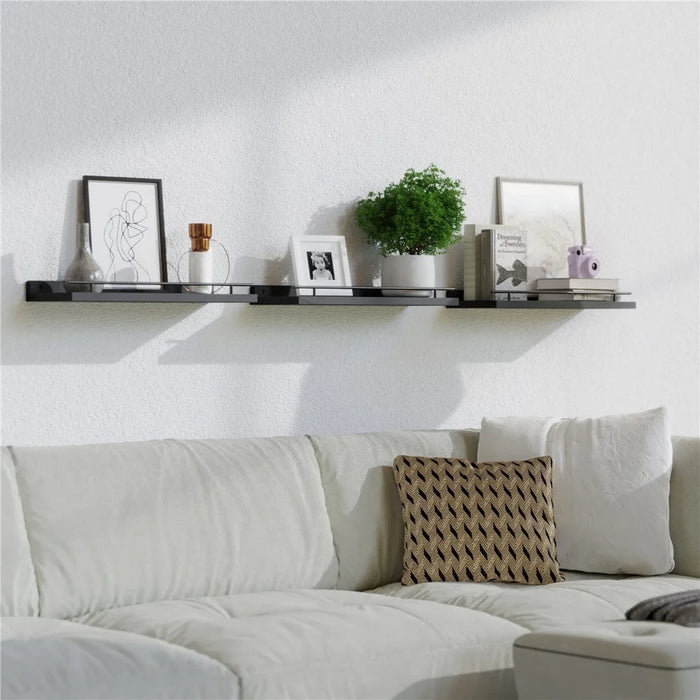 3Pcs / Set Floating Shelves with Metal Rail Bathroom Wall Mounted Wood Storage Rack - Black - 5