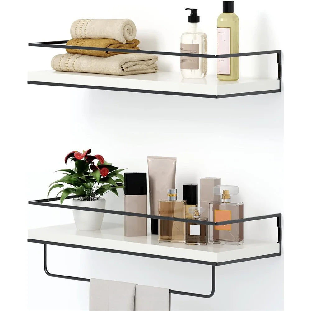 2Pcs / Set Wood + Iron Floating Bathroom Shelf with Towel Bar Wall Mounted Kitchen Spice Storage Rack - White+Black - 1