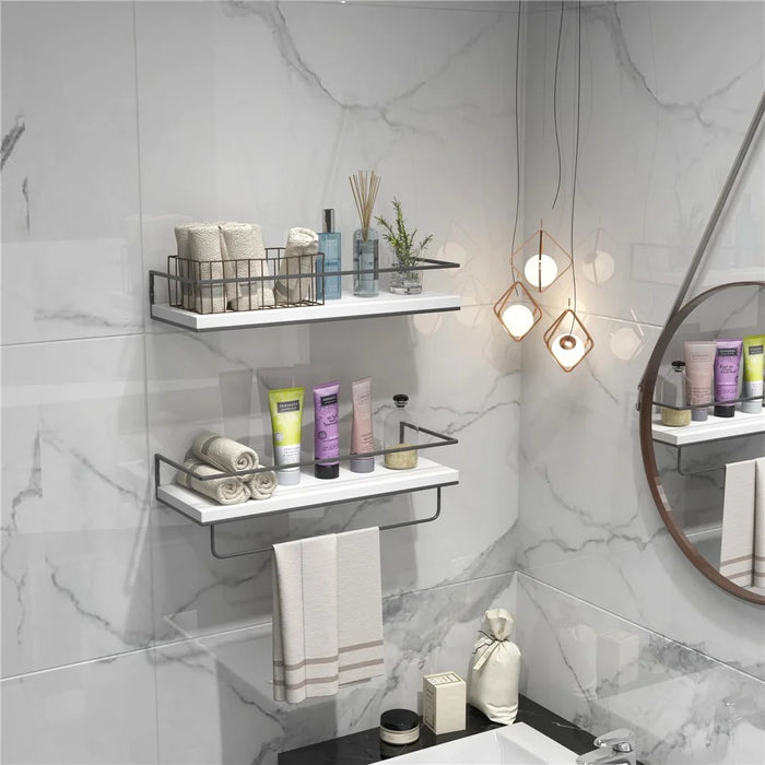2Pcs / Set Wood + Iron Floating Bathroom Shelf with Towel Bar Wall Mounted Kitchen Spice Storage Rack - White+Black - 2