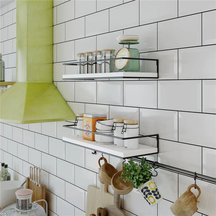 2Pcs / Set Wood + Iron Floating Bathroom Shelf with Towel Bar Wall Mounted Kitchen Spice Storage Rack - White+Black - 3