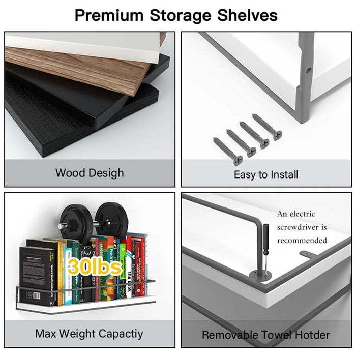 2Pcs / Set Wood + Iron Floating Bathroom Shelf with Towel Bar Wall Mounted Kitchen Spice Storage Rack - White+Black - 5