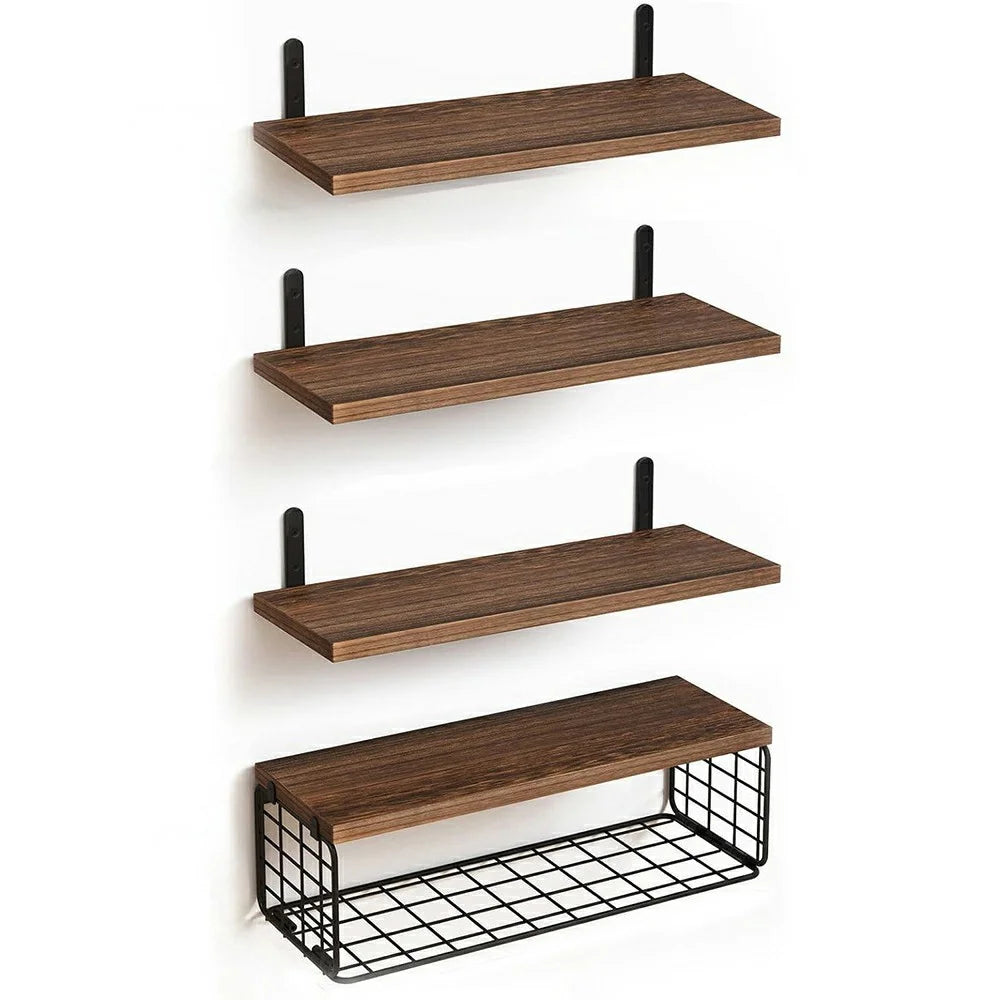 4Pcs / Set Floating Wall Shelves Bathroom Kitchen Living Room Wood Iron Storage Rack - Dark Wood Color - 1