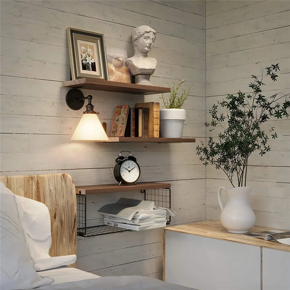 4Pcs / Set Floating Wall Shelves Bathroom Kitchen Living Room Wood Iron Storage Rack - Dark Wood Color - 2