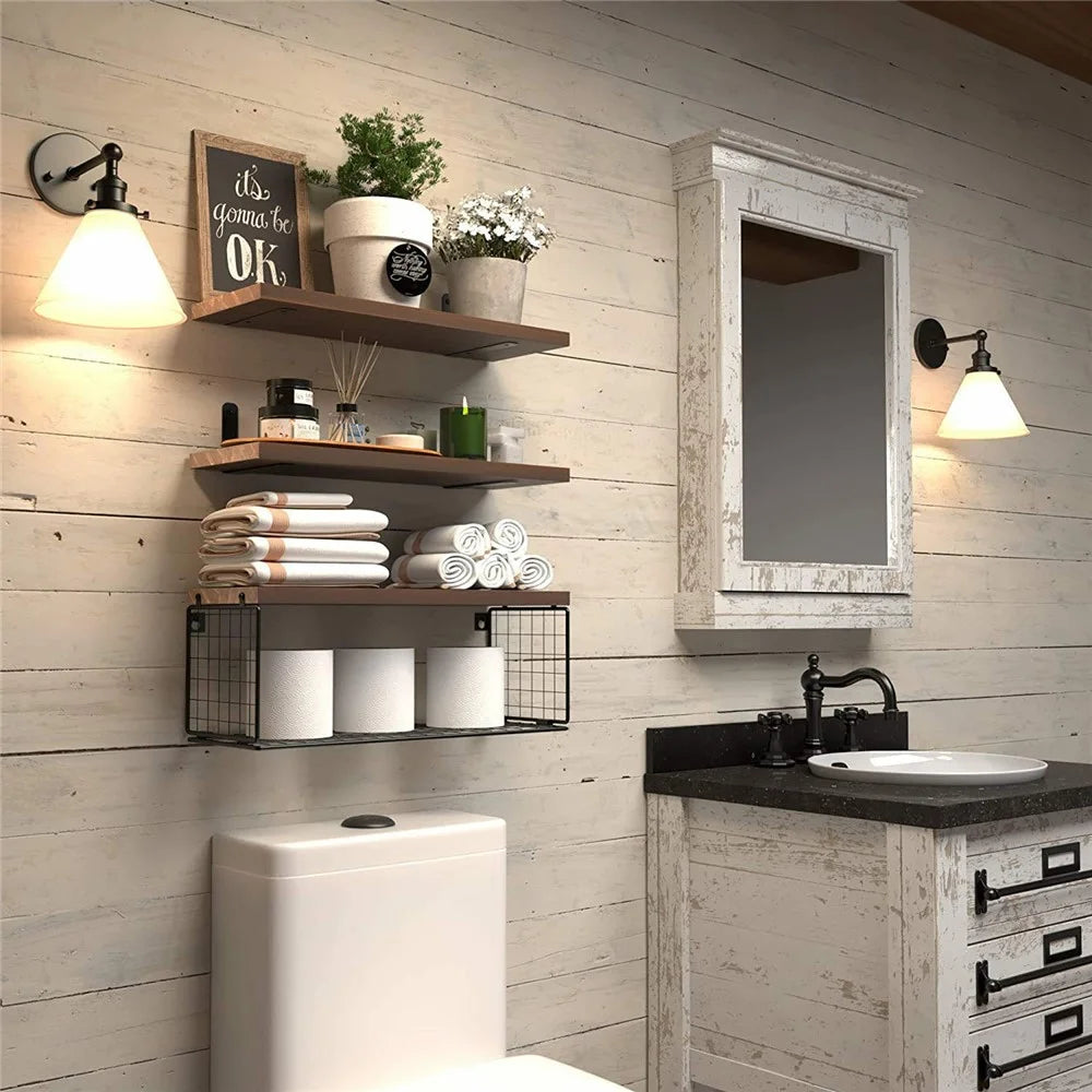 4Pcs / Set Floating Wall Shelves Bathroom Kitchen Living Room Wood Iron Storage Rack - Dark Wood Color - 3