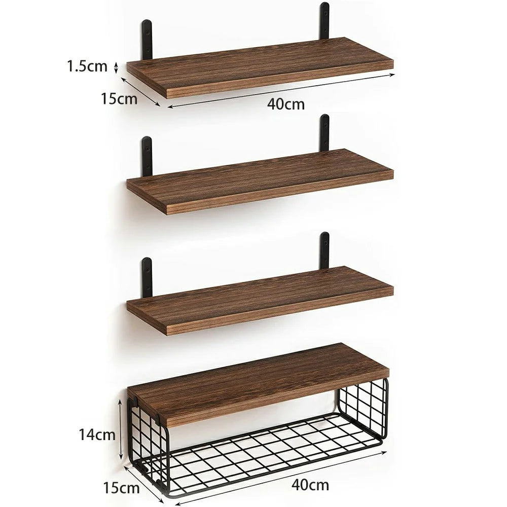 4Pcs / Set Floating Wall Shelves Bathroom Kitchen Living Room Wood Iron Storage Rack - Dark Wood Color - 4