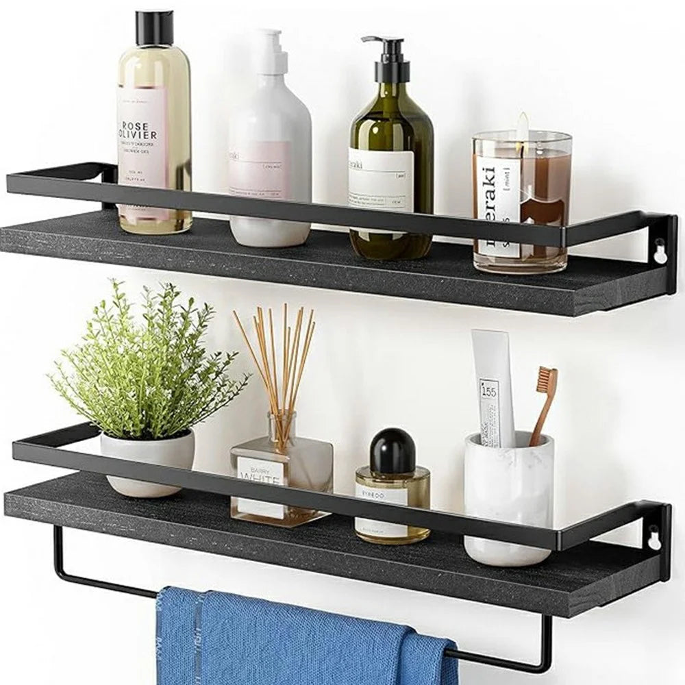 2Pcs / Set Iron + Wood Wall Mounted Shelf Bathroom Kitchen Storage Rack with Towel Bar - Black - 1