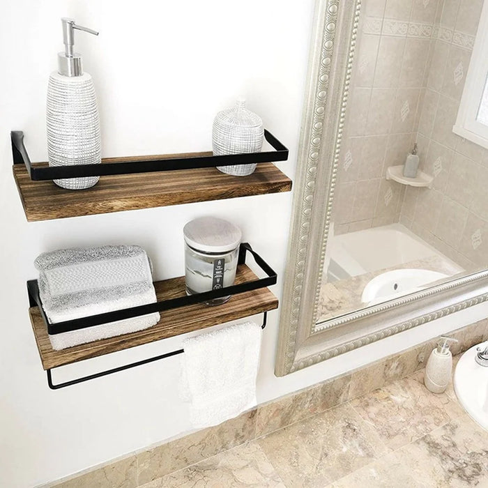 2Pcs / Set Iron + Wood Wall Mounted Shelf Bathroom Kitchen Storage Rack with Towel Bar - Black - 2