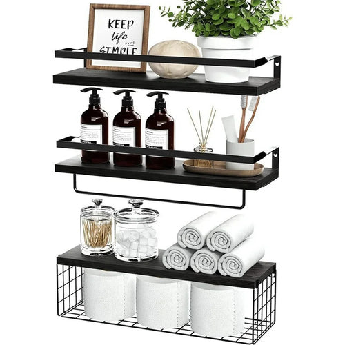 3Pcs / Set Iron + Wood Wall Mounted Shelf Bathroom Kitchen Organizer Storage Rack with Towel Bar and Mesh - Black - 1