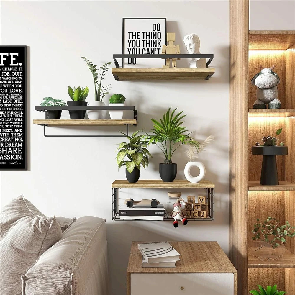 3Pcs / Set Iron + Wood Wall Mounted Shelf Bathroom Kitchen Organizer Storage Rack with Towel Bar and Mesh - Black - 2
