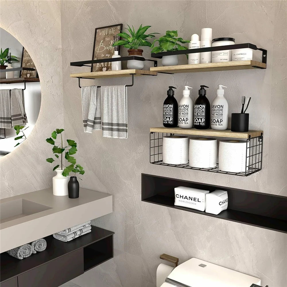 3Pcs / Set Iron + Wood Wall Mounted Shelf Bathroom Kitchen Organizer Storage Rack with Towel Bar and Mesh - Black - 3