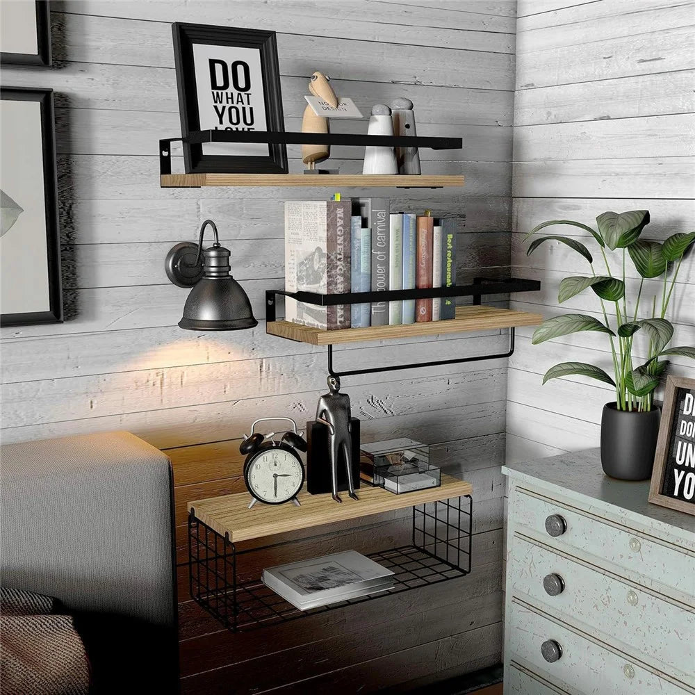 3Pcs / Set Iron + Wood Wall Mounted Shelf Bathroom Kitchen Organizer Storage Rack with Towel Bar and Mesh - Black - 4
