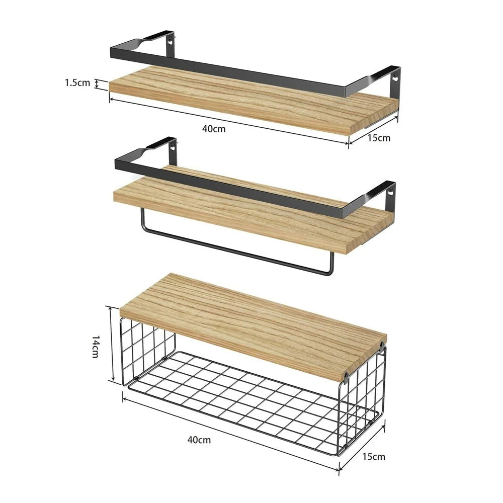 3Pcs / Set Iron + Wood Wall Mounted Shelf Bathroom Kitchen Organizer Storage Rack with Towel Bar and Mesh - Black - 5