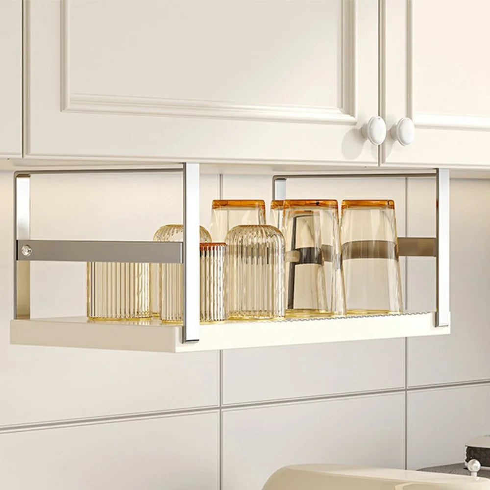 Kitchen Cabinet Hanging Organizer Carbon Steel Spice Rack Under Cabinet Storage Shelf, Fixed Length - Stainless Steel + White - 1