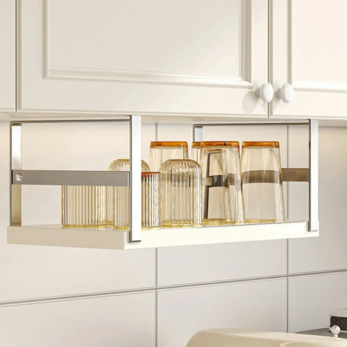 Kitchen Cabinet Hanging Organizer Carbon Steel Spice Rack Under Cabinet Storage Shelf, Fixed Length - Stainless Steel + White - 1