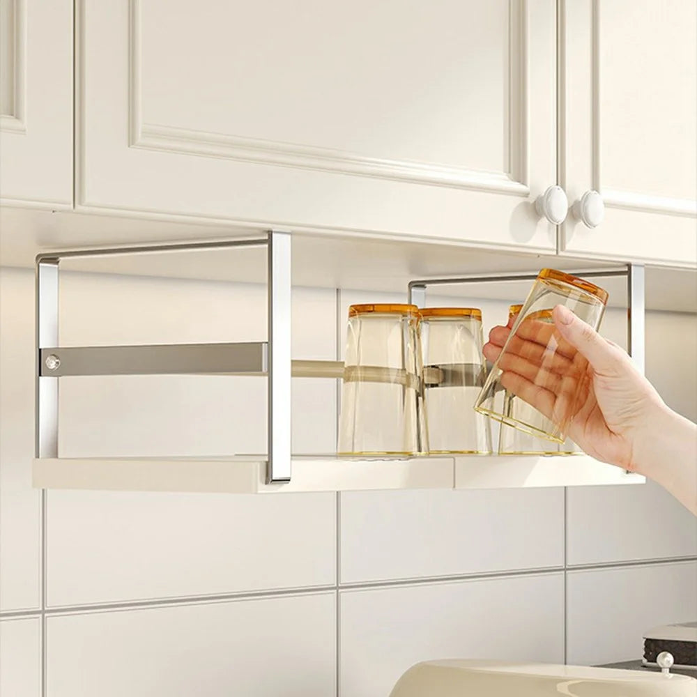 Kitchen Cabinet Hanging Organizer Carbon Steel Spice Rack Under Cabinet Storage Shelf, Fixed Length - Stainless Steel + White - 4