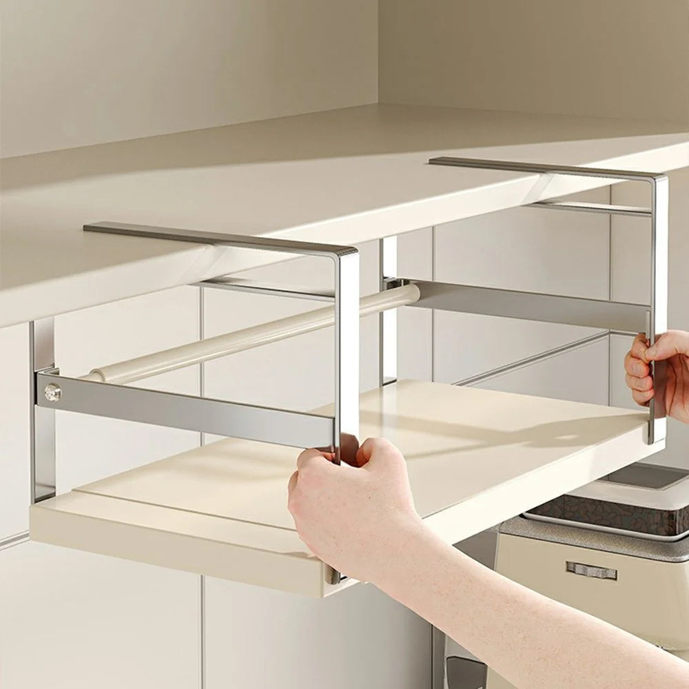Kitchen Cabinet Hanging Organizer Carbon Steel Spice Rack Under Cabinet Storage Shelf, Fixed Length - Stainless Steel + White - 5