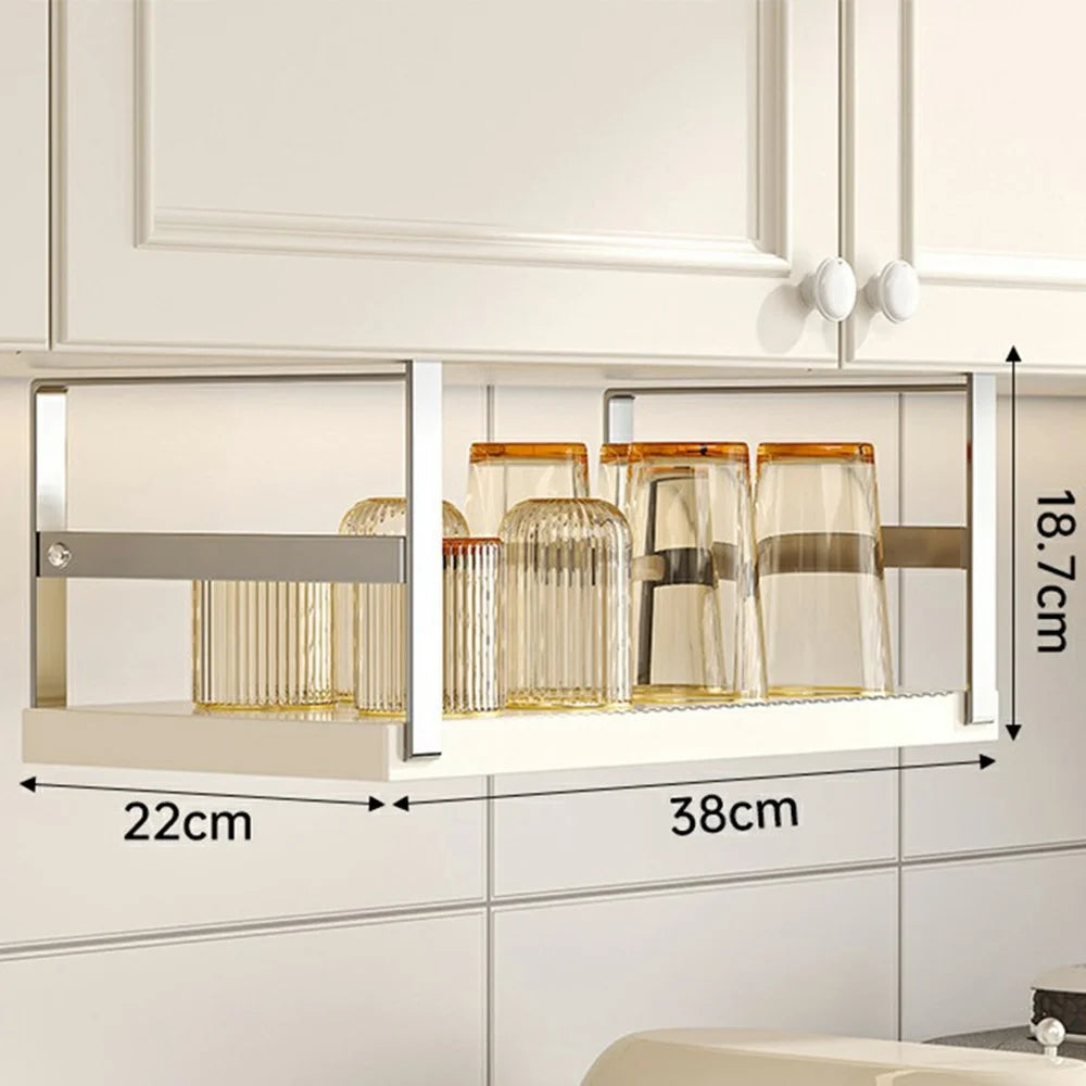Kitchen Cabinet Hanging Organizer Carbon Steel Spice Rack Under Cabinet Storage Shelf, Fixed Length - Stainless Steel + White - 6