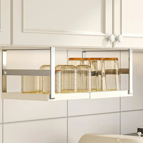 27-45cm Adjustable Length Under Cabinet Organizer Kitchen Storage Shelf Carbon Steel Cabinet Hanging Rack - Stainless Steel + White - 1