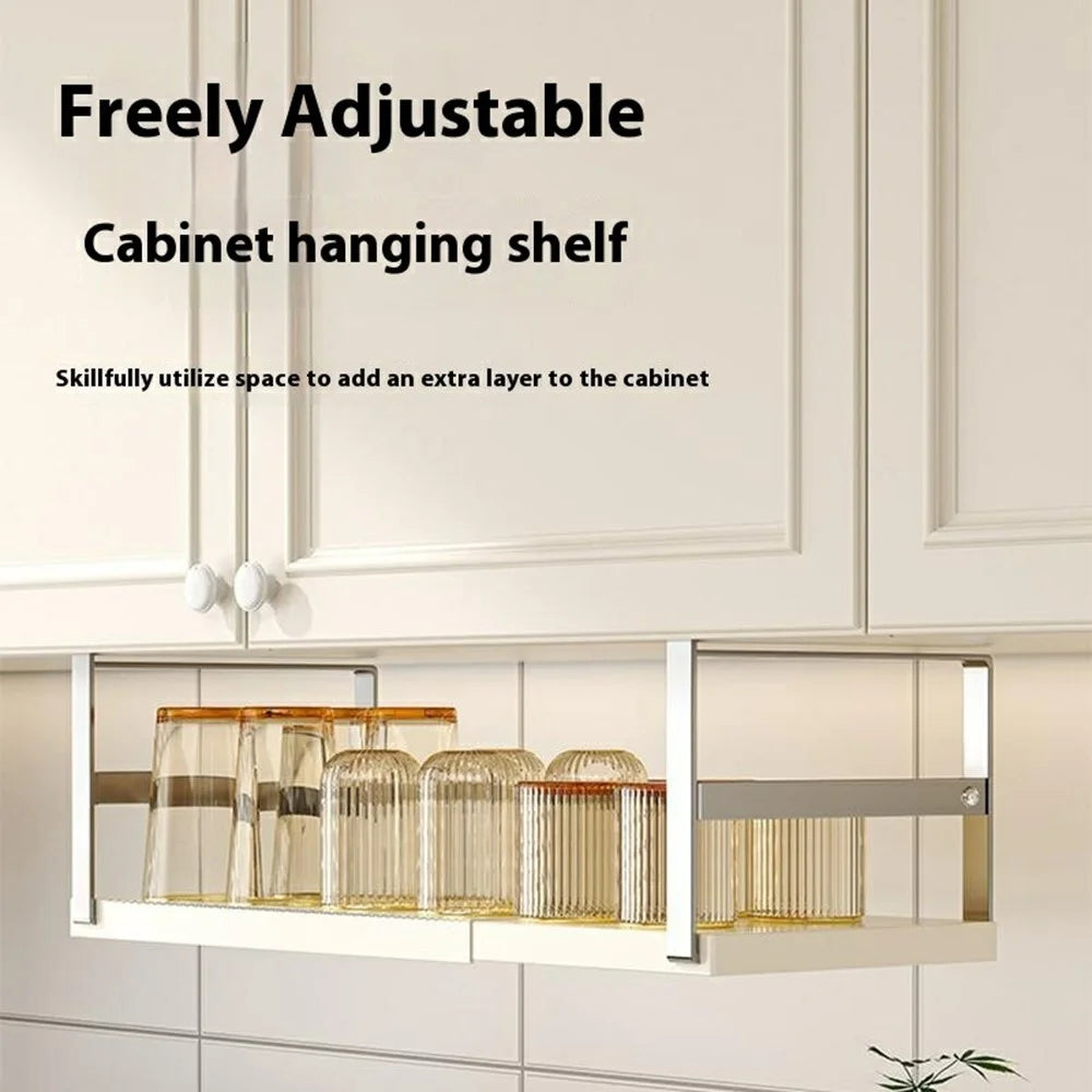 27-45cm Adjustable Length Under Cabinet Organizer Kitchen Storage Shelf Carbon Steel Cabinet Hanging Rack - Stainless Steel + White - 2