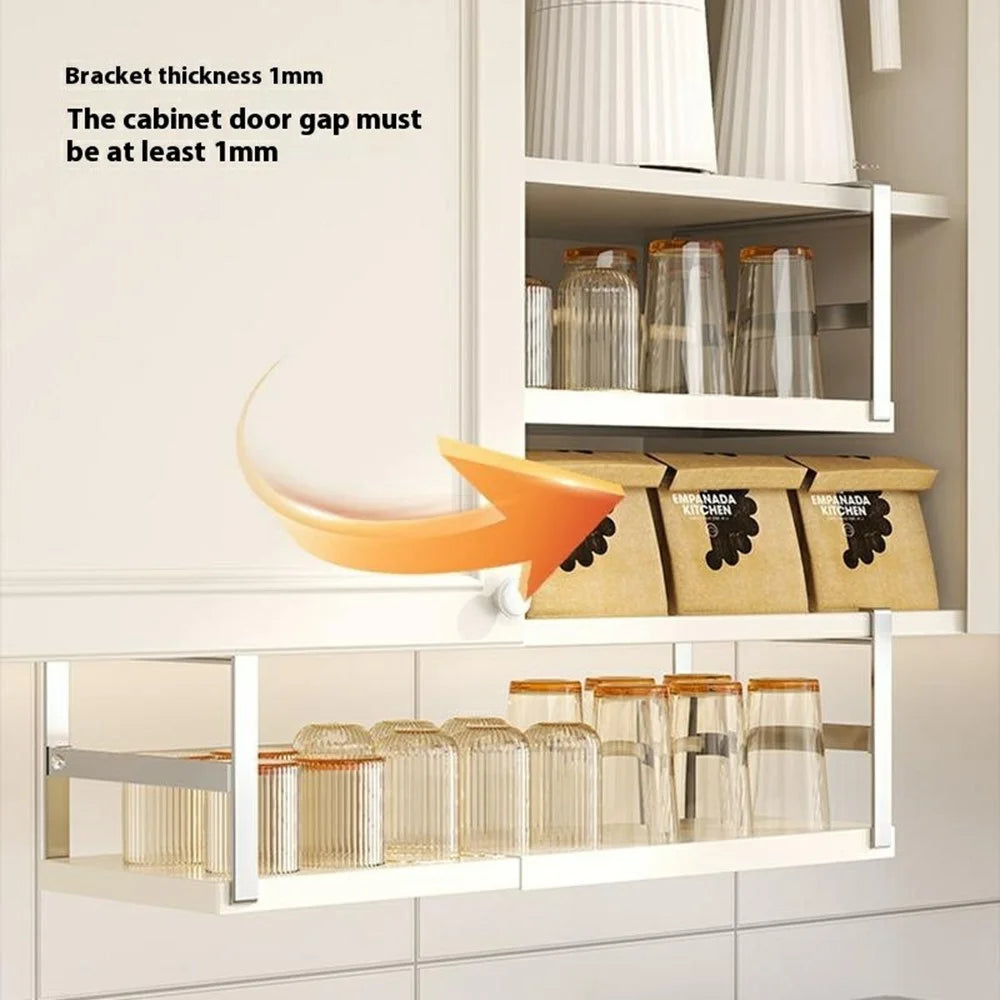 27-45cm Adjustable Length Under Cabinet Organizer Kitchen Storage Shelf Carbon Steel Cabinet Hanging Rack - Stainless Steel + White - 4