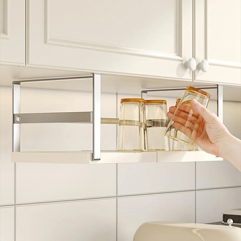 27-45cm Adjustable Length Under Cabinet Organizer Kitchen Storage Shelf Carbon Steel Cabinet Hanging Rack - Stainless Steel + White - 7