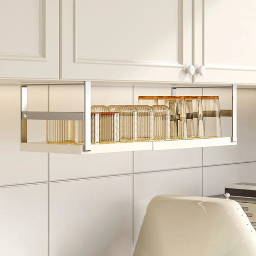 45-63cm Adjustable Length Under Cabinet Kitchen Storage Shelf Carbon Steel Cabinet Hanging Rack - Stainless Steel + White - 1