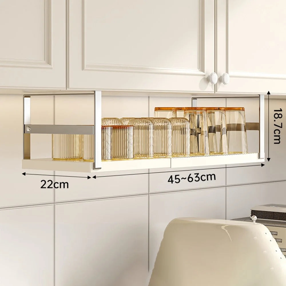 45-63cm Adjustable Length Under Cabinet Kitchen Storage Shelf Carbon Steel Cabinet Hanging Rack - Stainless Steel + White - 2
