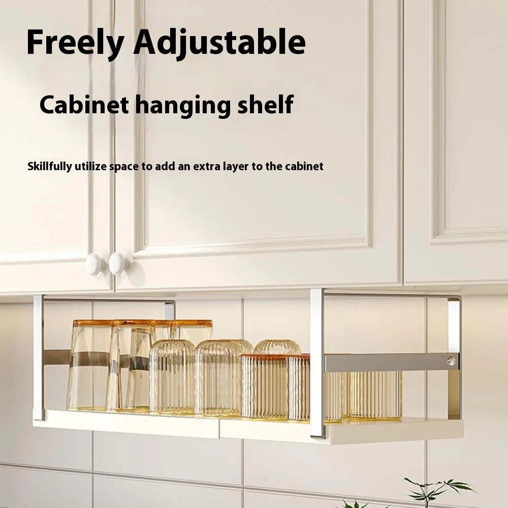45-63cm Adjustable Length Under Cabinet Kitchen Storage Shelf Carbon Steel Cabinet Hanging Rack - Stainless Steel + White - 3