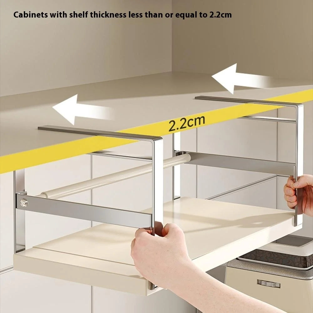 45-63cm Adjustable Length Under Cabinet Kitchen Storage Shelf Carbon Steel Cabinet Hanging Rack - Stainless Steel + White - 4