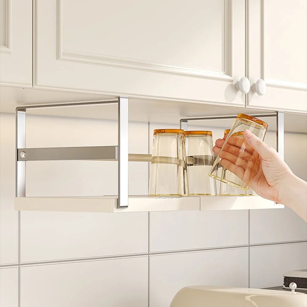 45-63cm Adjustable Length Under Cabinet Kitchen Storage Shelf Carbon Steel Cabinet Hanging Rack - Stainless Steel + White - 5