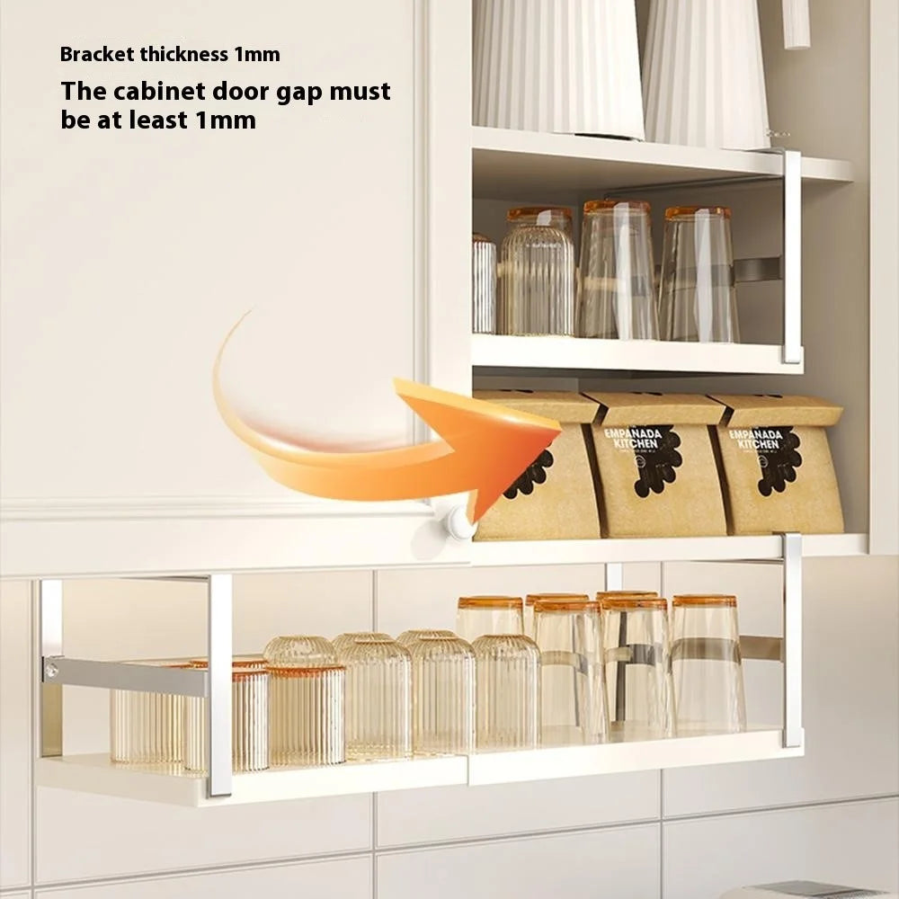 45-63cm Adjustable Length Under Cabinet Kitchen Storage Shelf Carbon Steel Cabinet Hanging Rack - Stainless Steel + White - 6
