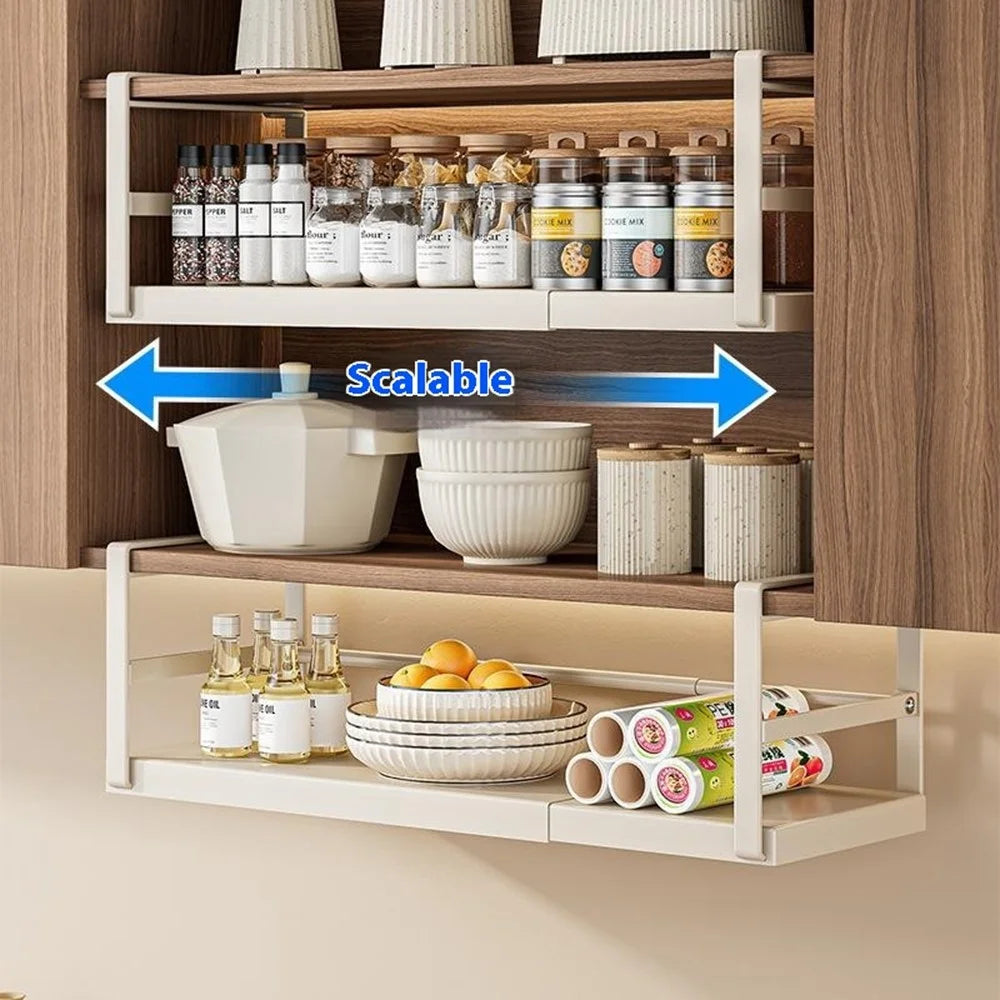 45-63cm Adjustable Length Under Cabinet Kitchen Storage Shelf Carbon Steel Cabinet Hanging Rack - Stainless Steel + White - 7