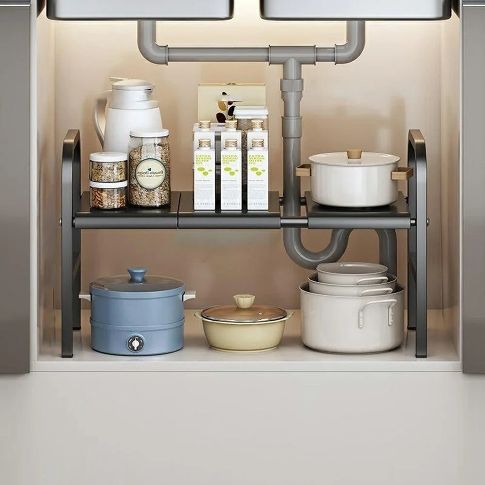 53-88cm Length Telescopic Under Sink Organizer Carbon Steel Kitchen Storage Rack, Single Layer 3 Boards - Black - 1