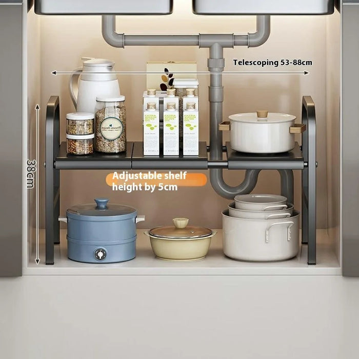 53-88cm Length Telescopic Under Sink Organizer Carbon Steel Kitchen Storage Rack, Single Layer 3 Boards - Black - 4