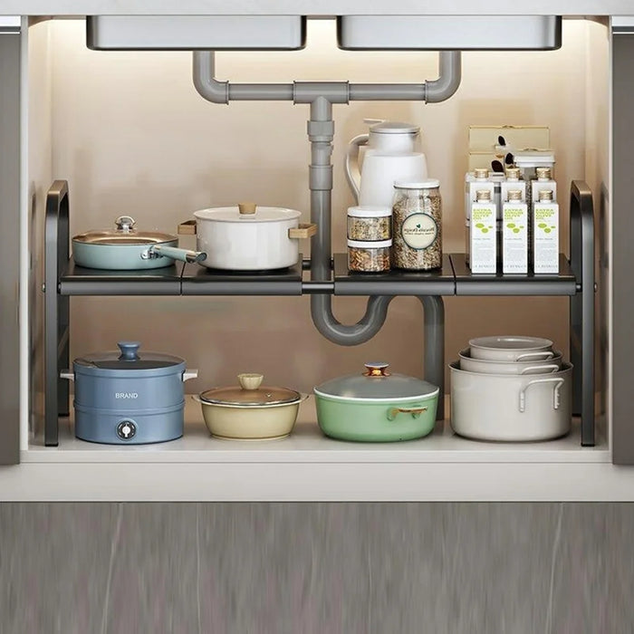 Expandable Under Sink Organizer Carbon Steel Kitchen Cabinet Storage Rack Single Tier 4 Boards Adjustable Shelf - Black - 1
