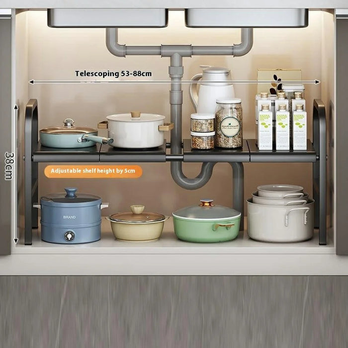 Expandable Under Sink Organizer Carbon Steel Kitchen Cabinet Storage Rack Single Tier 4 Boards Adjustable Shelf - Black - 4