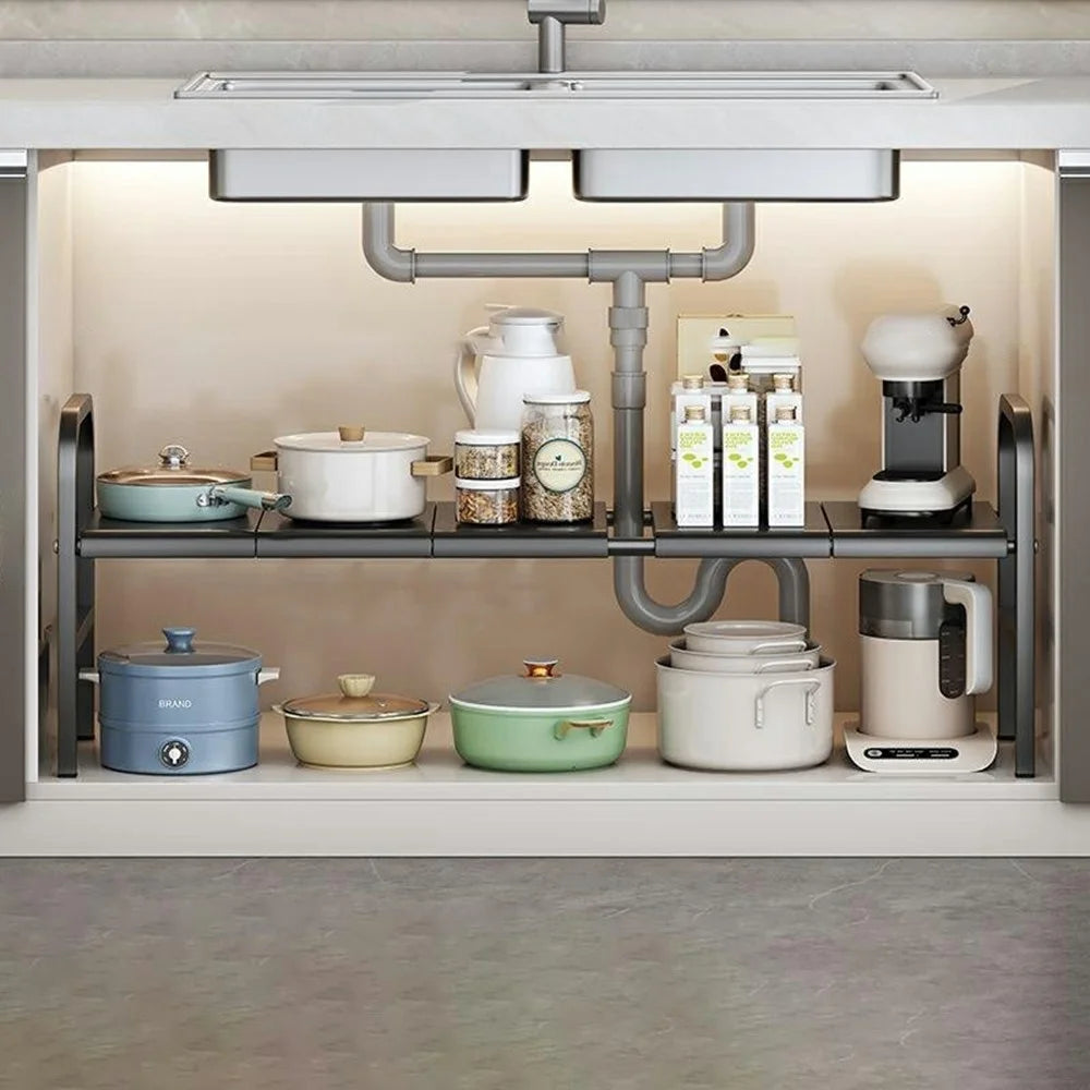Expandable Under Sink Organizer Carbon Steel Kitchen Cabinet Storage Rack Single Tier 5 Boards Adjustable Shelf - Black - 1