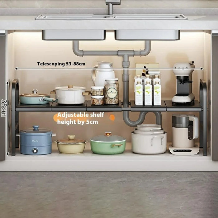 Expandable Under Sink Organizer Carbon Steel Kitchen Cabinet Storage Rack Single Tier 5 Boards Adjustable Shelf - Black - 4