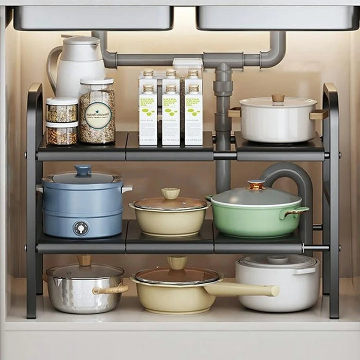 Expandable Under Sink Organizer Carbon Steel Kitchen Cabinet Storage Rack Dual Tier 6 Boards Adjustable Shelf - Black - 1