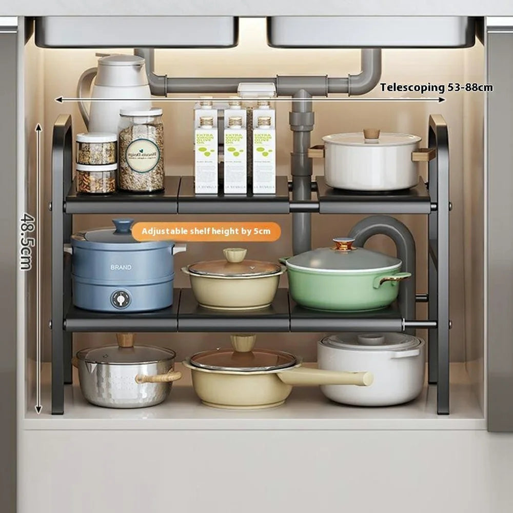 Expandable Under Sink Organizer Carbon Steel Kitchen Cabinet Storage Rack Dual Tier 6 Boards Adjustable Shelf - Black - 4