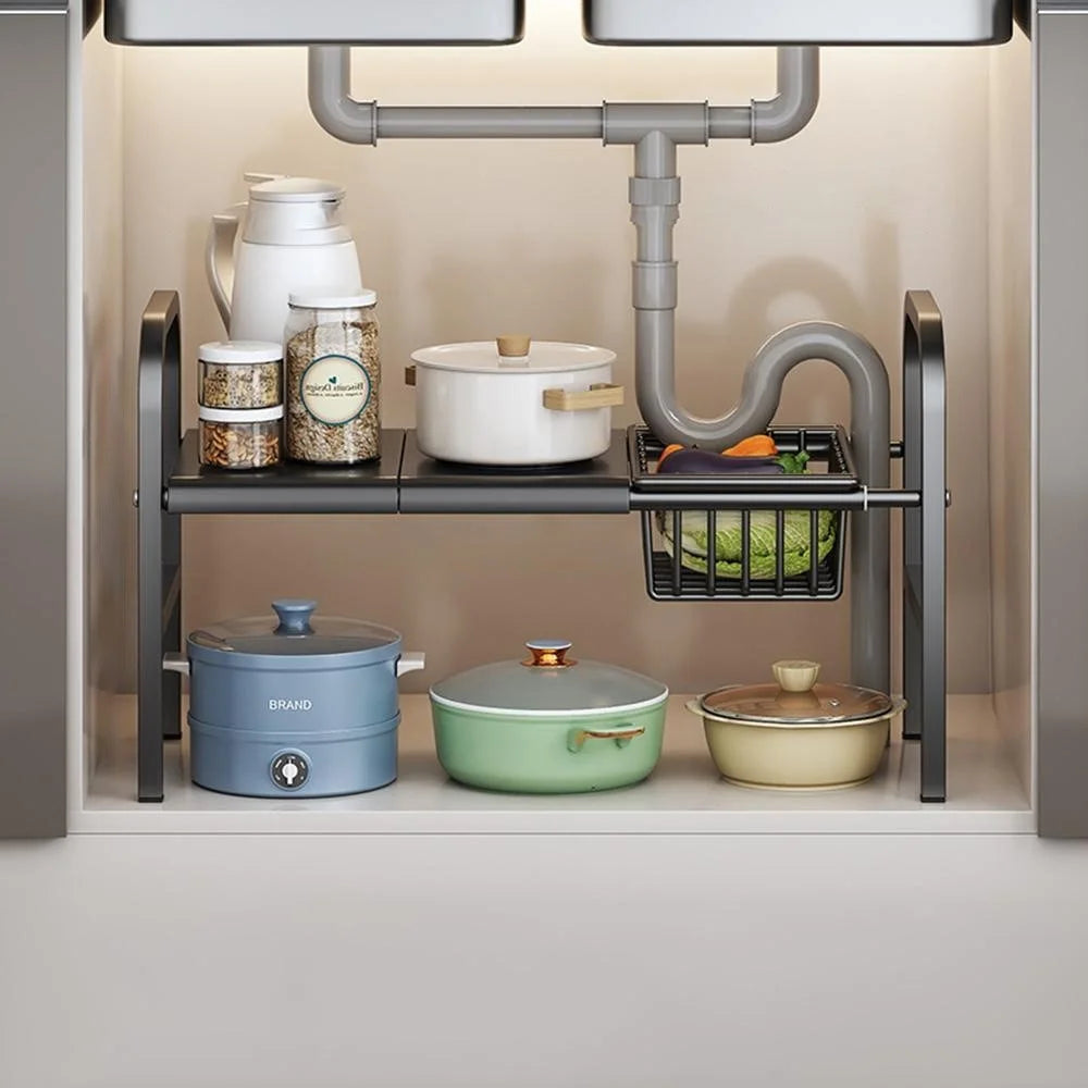 Expandable Under Sink Organizer with Storage Basket Carbon Steel Kitchen Cabinet Storage Rack Single Tier 2 Boards Adjustable Shelf - Black - 1