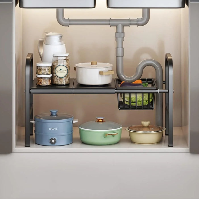 Expandable Under Sink Organizer with Storage Basket Carbon Steel Kitchen Cabinet Storage Rack Single Tier 2 Boards Adjustable Shelf - Black - 1