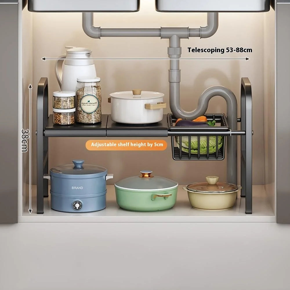 Expandable Under Sink Organizer with Storage Basket Carbon Steel Kitchen Cabinet Storage Rack Single Tier 2 Boards Adjustable Shelf - Black - 4