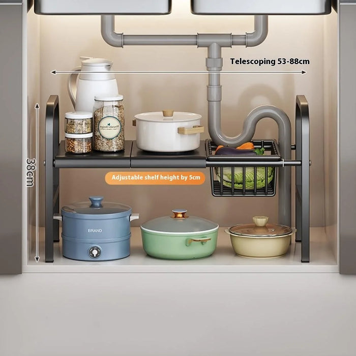 Expandable Under Sink Organizer with Storage Basket Carbon Steel Kitchen Cabinet Storage Rack Single Tier 2 Boards Adjustable Shelf - Black - 4