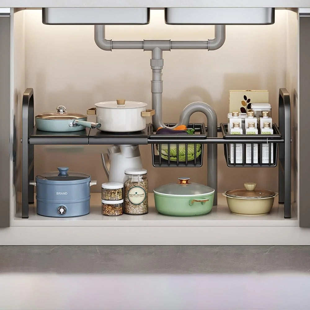 Expandable Under Sink Organizer with 2 Storage Baskets Carbon Steel Kitchen Cabinet Storage Rack Single Tier 2 Boards Adjustable Shelf - Black - 1